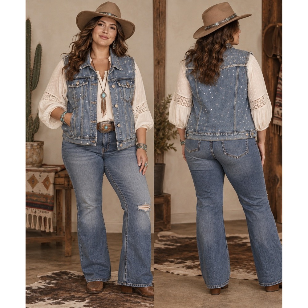 Vocal Denim Vest Womens XL Blue Rhinestone Embellished Boho Western Cowgirl Chic